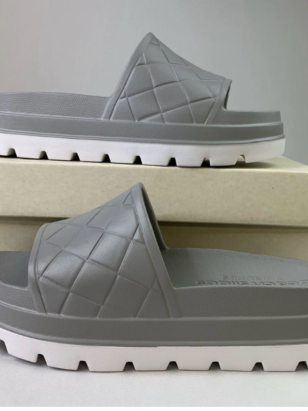 J Slides Gray Quilted Beach Slide Sandals with White Lug Sole
